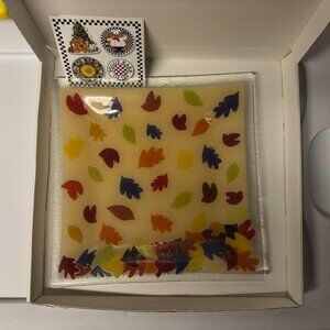 Peggy Karr Glass work of art square plate, Leaves